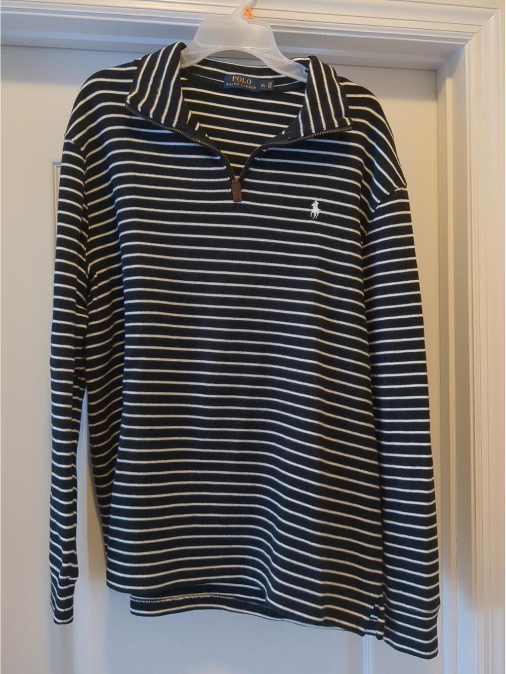 Polo Ralph Lauren Sweater Mens Sz XL EUC Black White Striped 1/4 Zip Sweatshirt